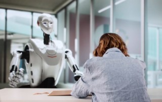 Woman communicating with AI robot